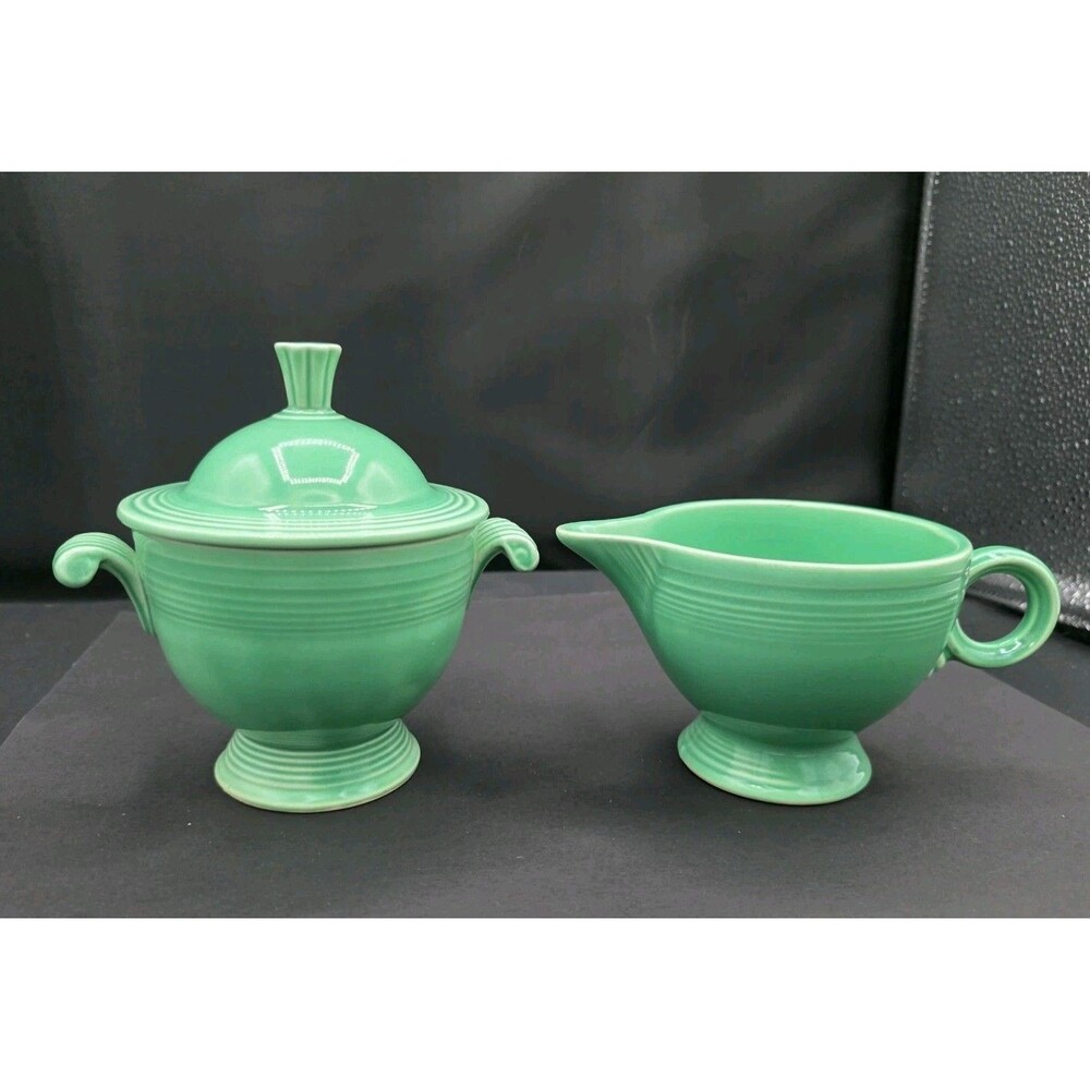 Fiesta Light Green Creamer & Lidder Sugar Bowl Ring Handle Older
